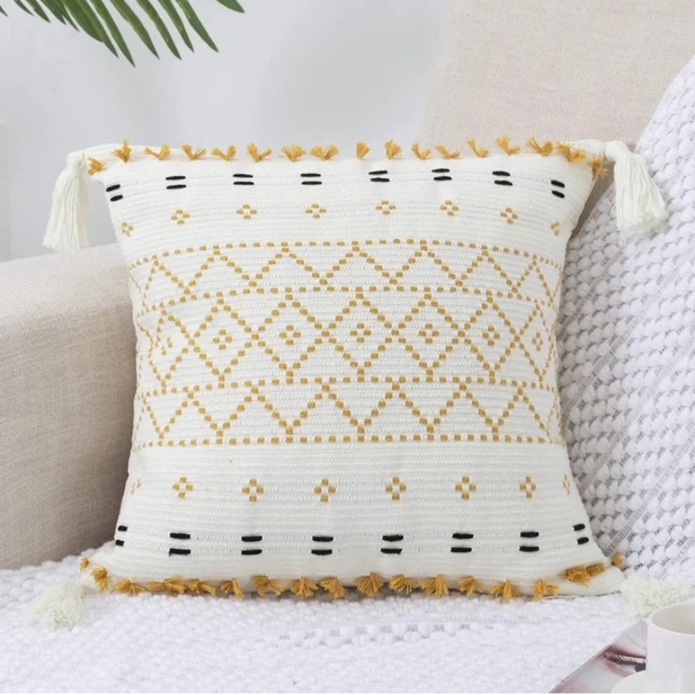Luxury Home | Boho Yellow & Ivory Moroccan Weave Tassel Throw Pillow Cover